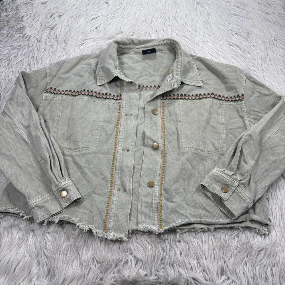 Miou Muse Women's M Green Cropped Embroidered Twill Jacket Boho Artsy